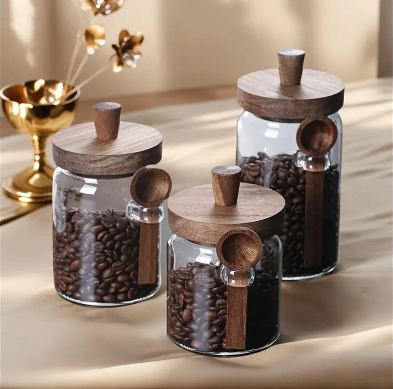Mulit-purpose Modern Glass Sealed storage Jars with Acacia wood lid and Spoons