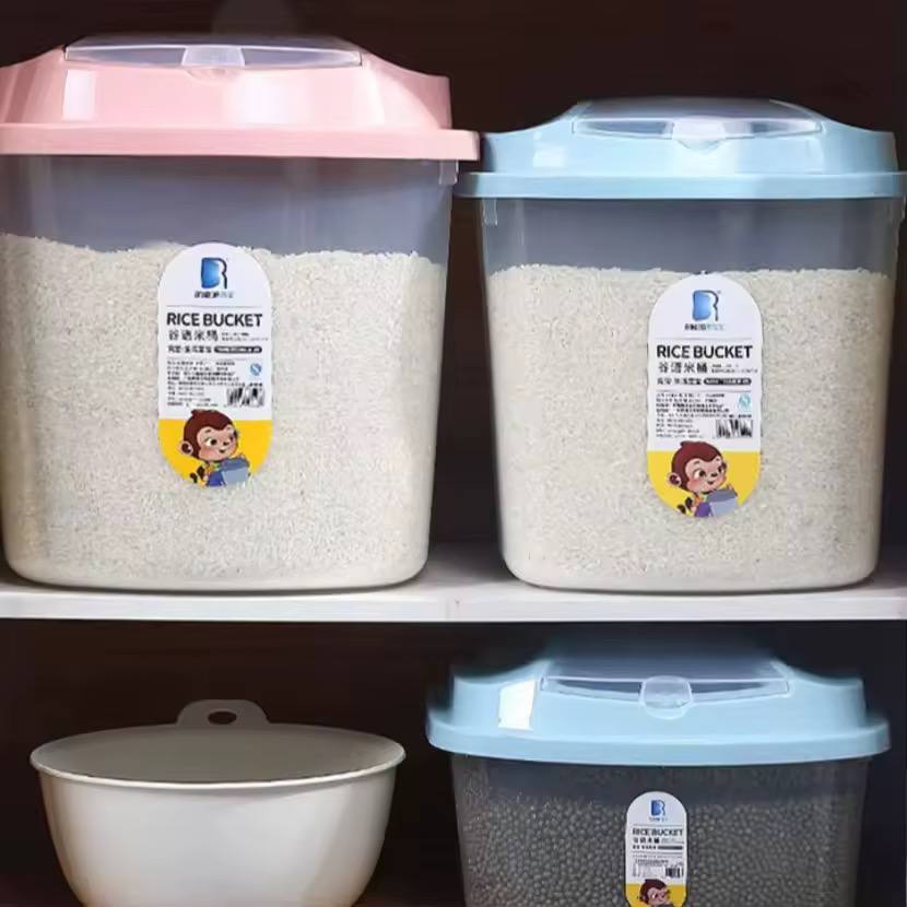 Plastic Cereal / Rice buckets now available in blue and peach cover options; 2 bucket options (white or clear); 2 size options