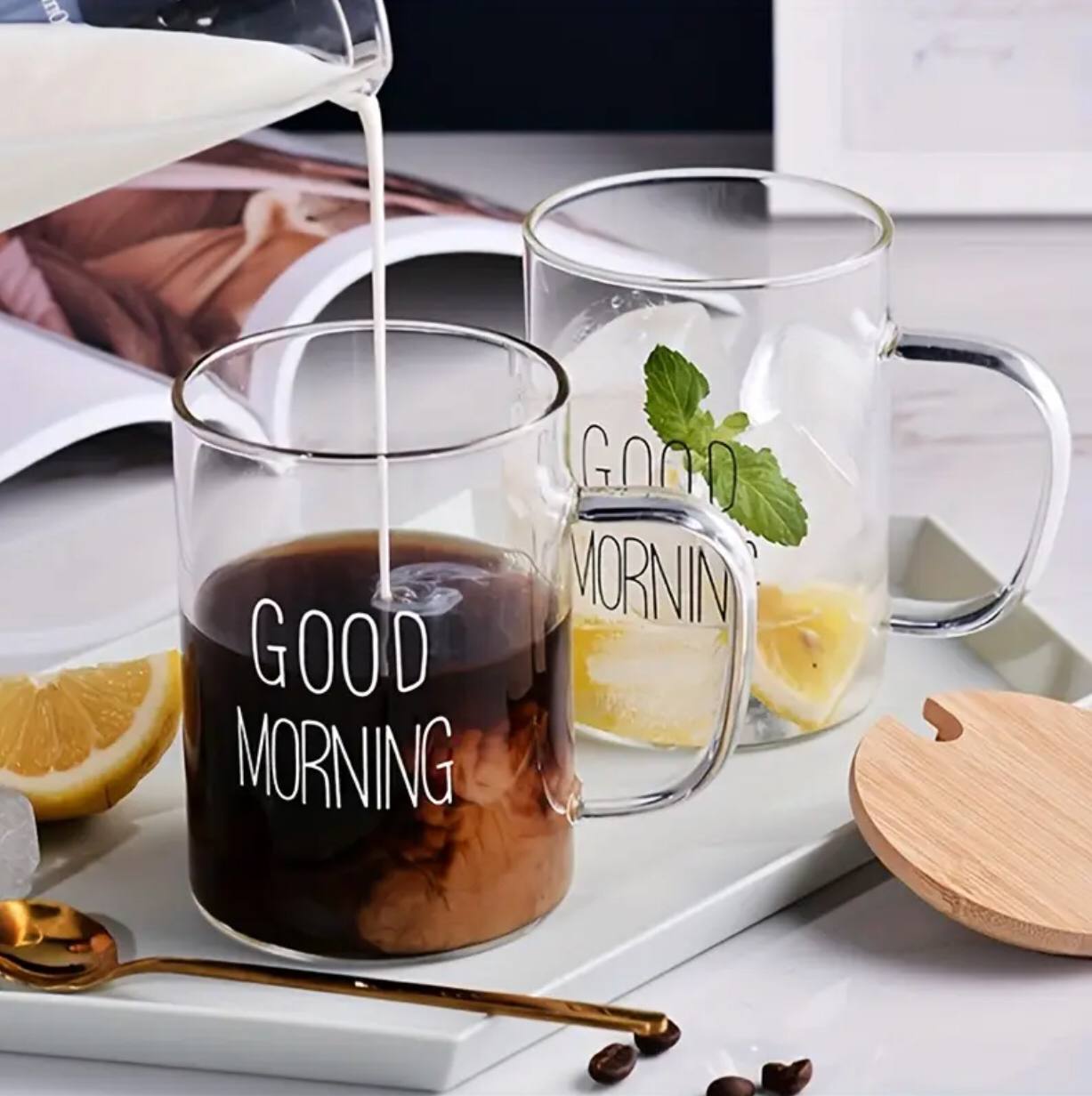 Borosilicate Good Morning Printed Glass Mug with Handle