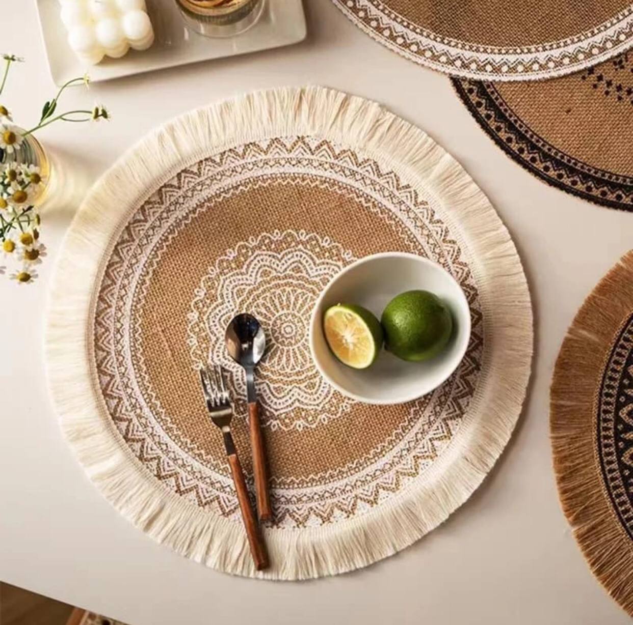 Boho Round Placemat 15 Inch Farmhouse Woven Jute Fringe