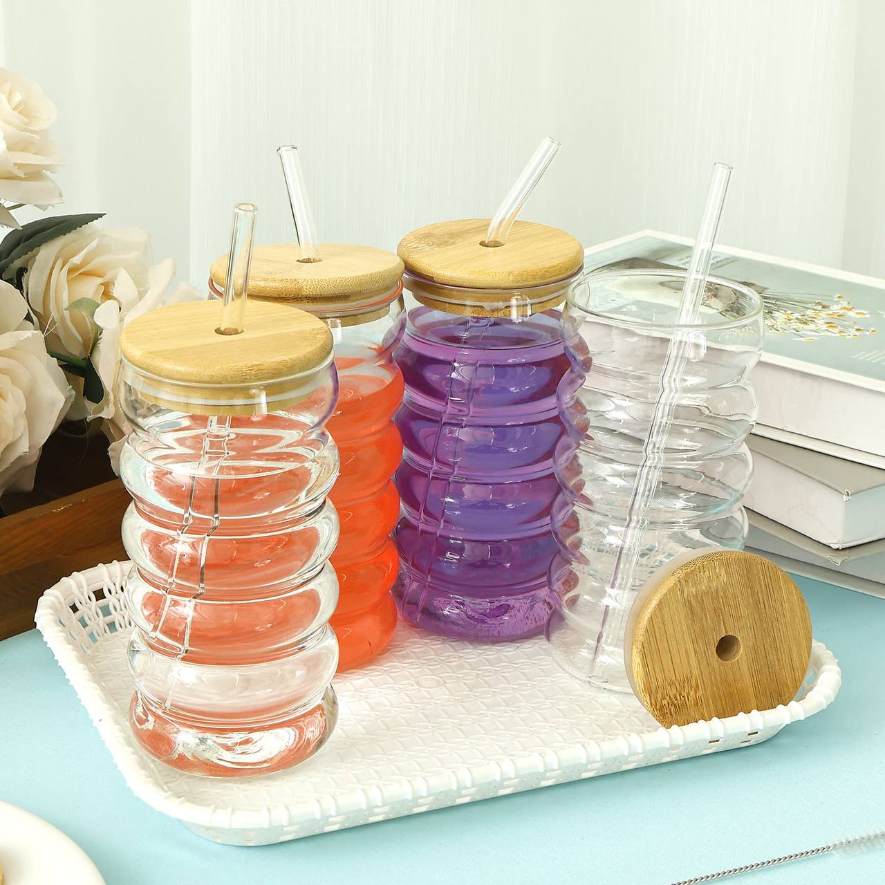 Borosilicate ripple wave glass cup with bamboo lid