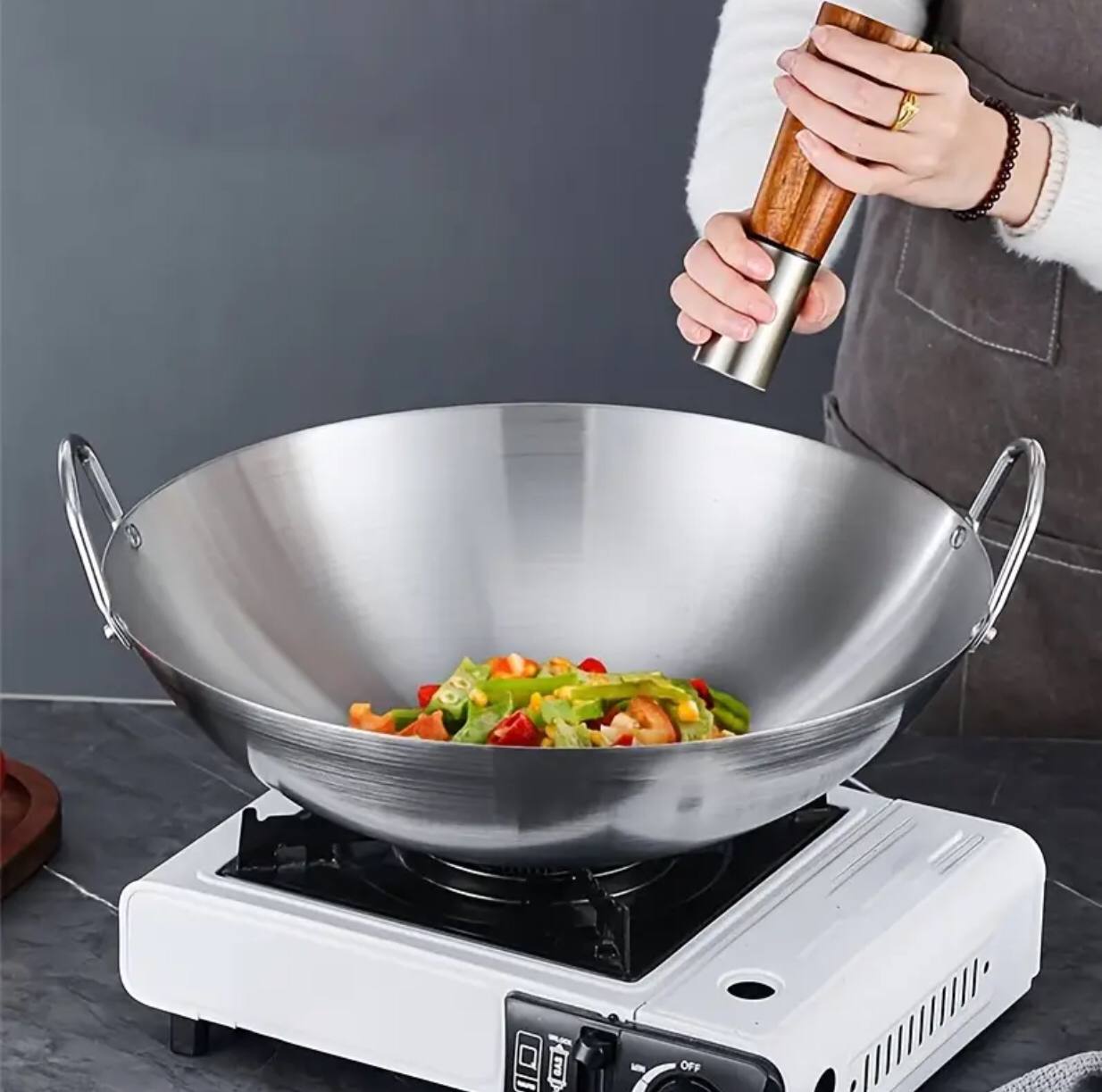 Thickened heavy gauge aluminum two  sided-handle wok frying pan