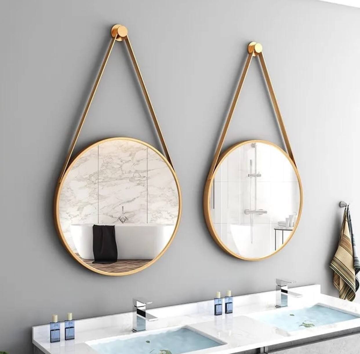 Luxury round shape iron art belt hanging aluminum alloy framed wall mirror