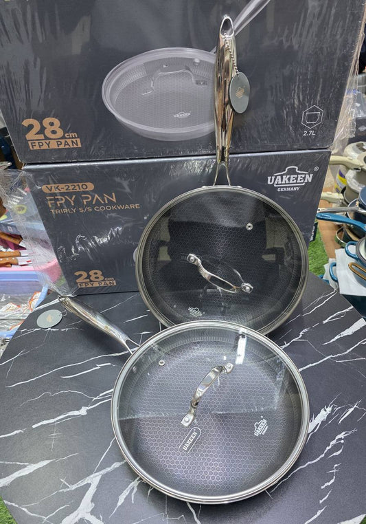 Premium Quality 
Tripply S/S  Stainless Cookware 
Stainless Non-stick Pan with Lids
HoneyComb Coating Design; Scratch and water Resistance 
Induction & Compatible with All Stoves