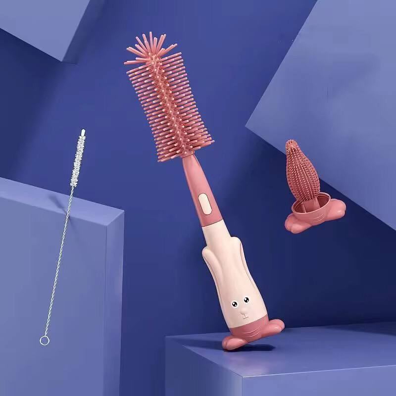 Silicone Bottle Brush 360 Degree Rotation Baby Pacifier Cup Tweezers Nipple Cleaning Brushes Set Handheld Soft Head Food Grade