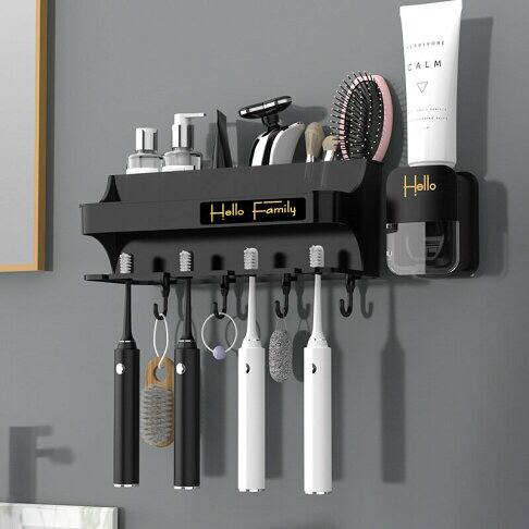 Hello family branded wall mounted toothbrush toothpaste dispenser set (4 cups 4 brush 4 slots 4 hooks 1 toothpastedispenser)