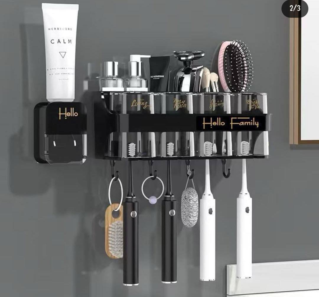 Hello family branded wall mounted toothbrush toothpaste dispenser set (4 cups 4 brush 4 slots 4 hooks 1 toothpastedispenser)