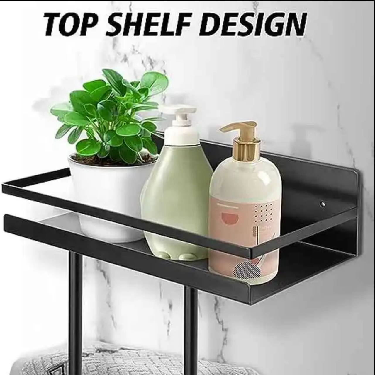 Multifunctional bathroom towel holder with metal shelf and 5 hooks