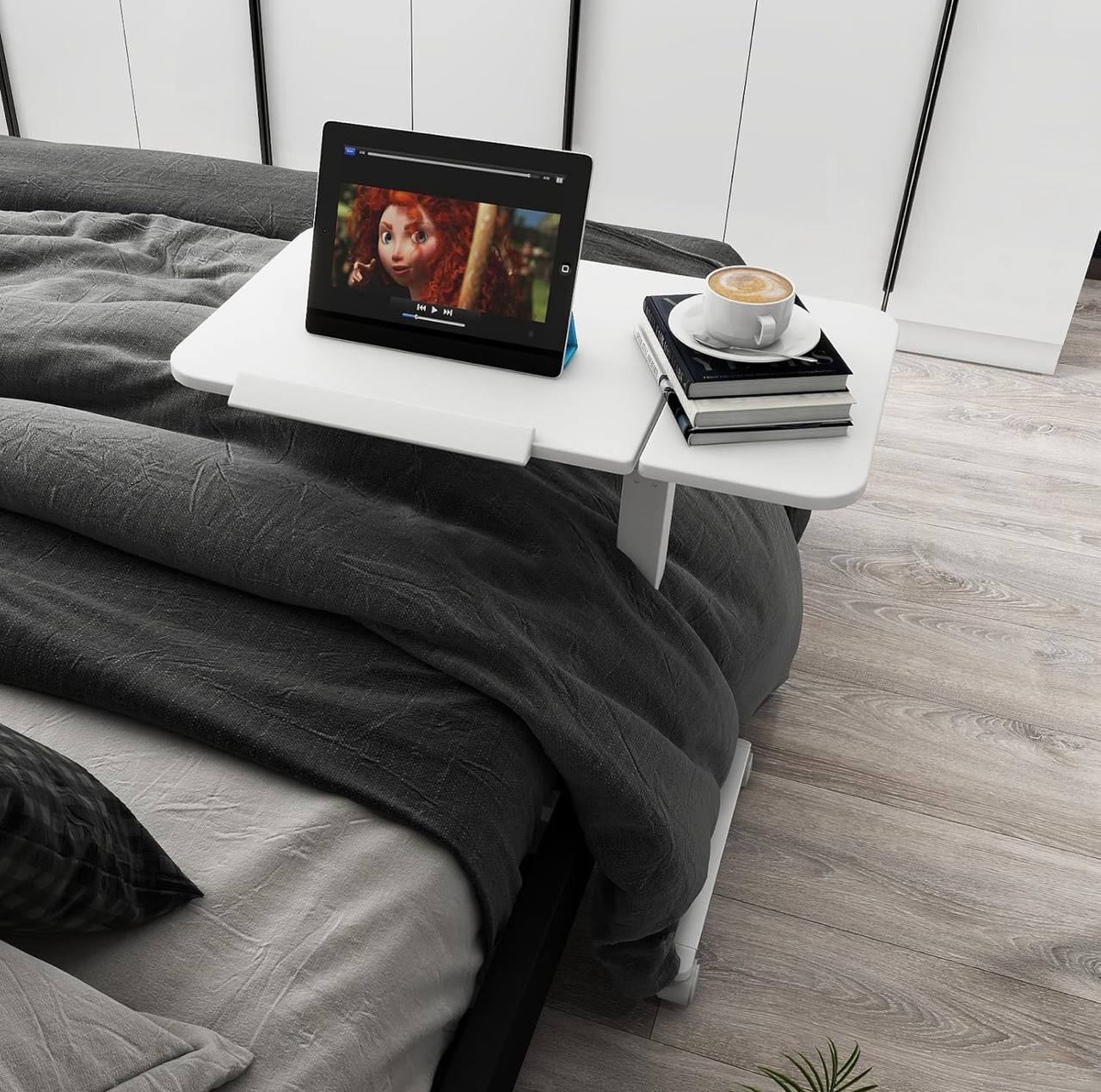 Adjustable Overbed Laptop Table with Wheels Multi-Purpose Rolling Bedside Table