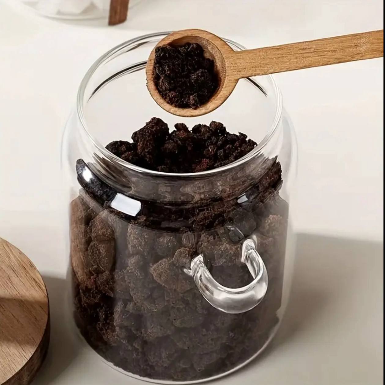Mulit-purpose Modern Glass Sealed storage Jars with Acacia wood lid and Spoons