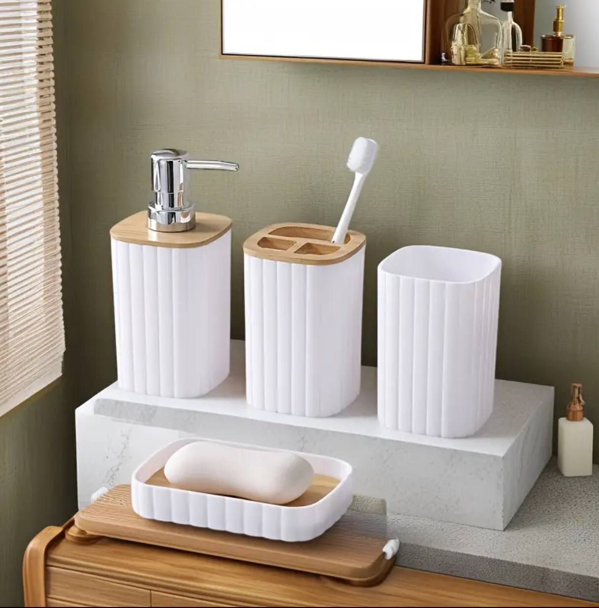 6 in 1 bathroom accessories set with wooden top