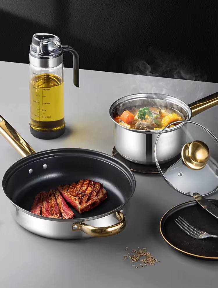 12-Piece Stainless Steel Cookware Set
Golden Handle Kitchen Pots & Pans