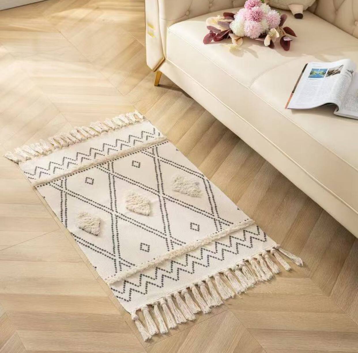Bohemian Nordic style bedroom rug with tassels