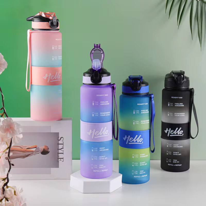 1000Ml Hello Leakproof BPA Free Drinking  Water Bottle with Time Marker & Sthraw,