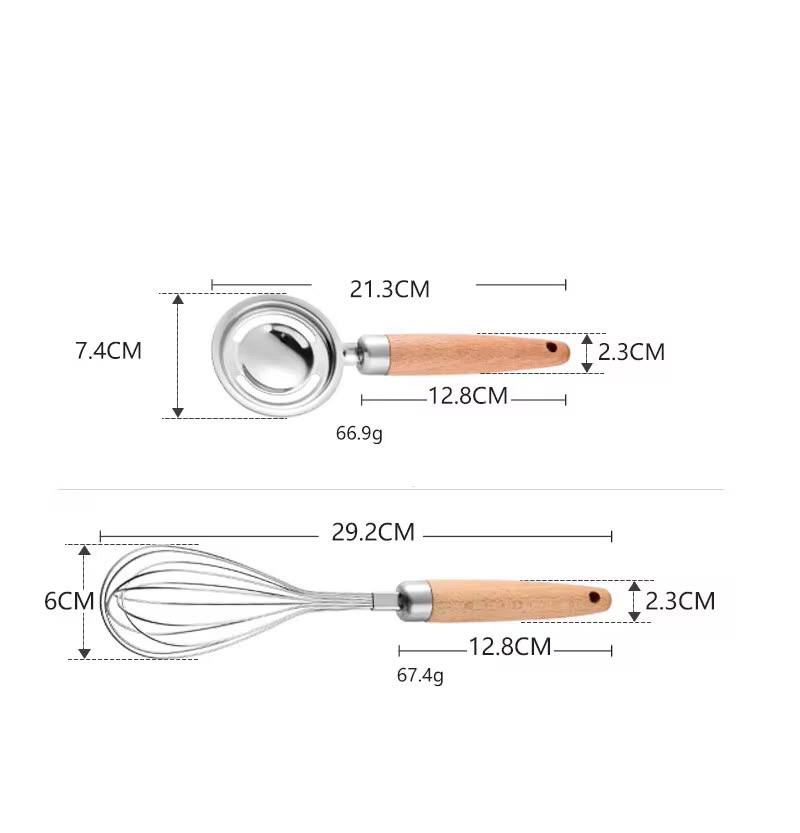 Stainless kitchen accessories with wooden handles
