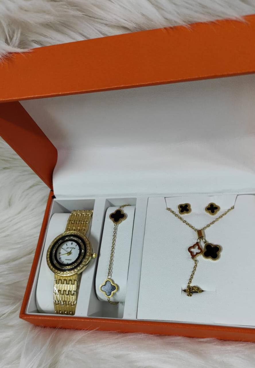 Exquisite Jewellery Gift Box for ladies Premium Gold Quartz Watch with Bracelet Necklace and earrings.