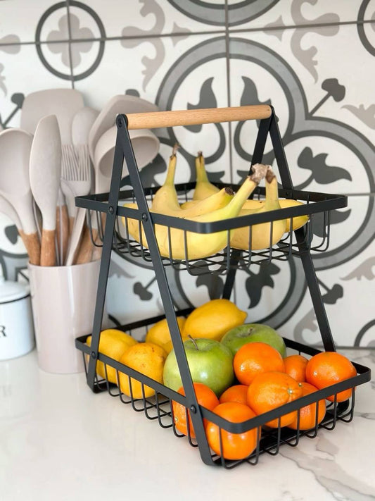 2 Tier Black Metallic Fruit Rack with Wooden Handle
