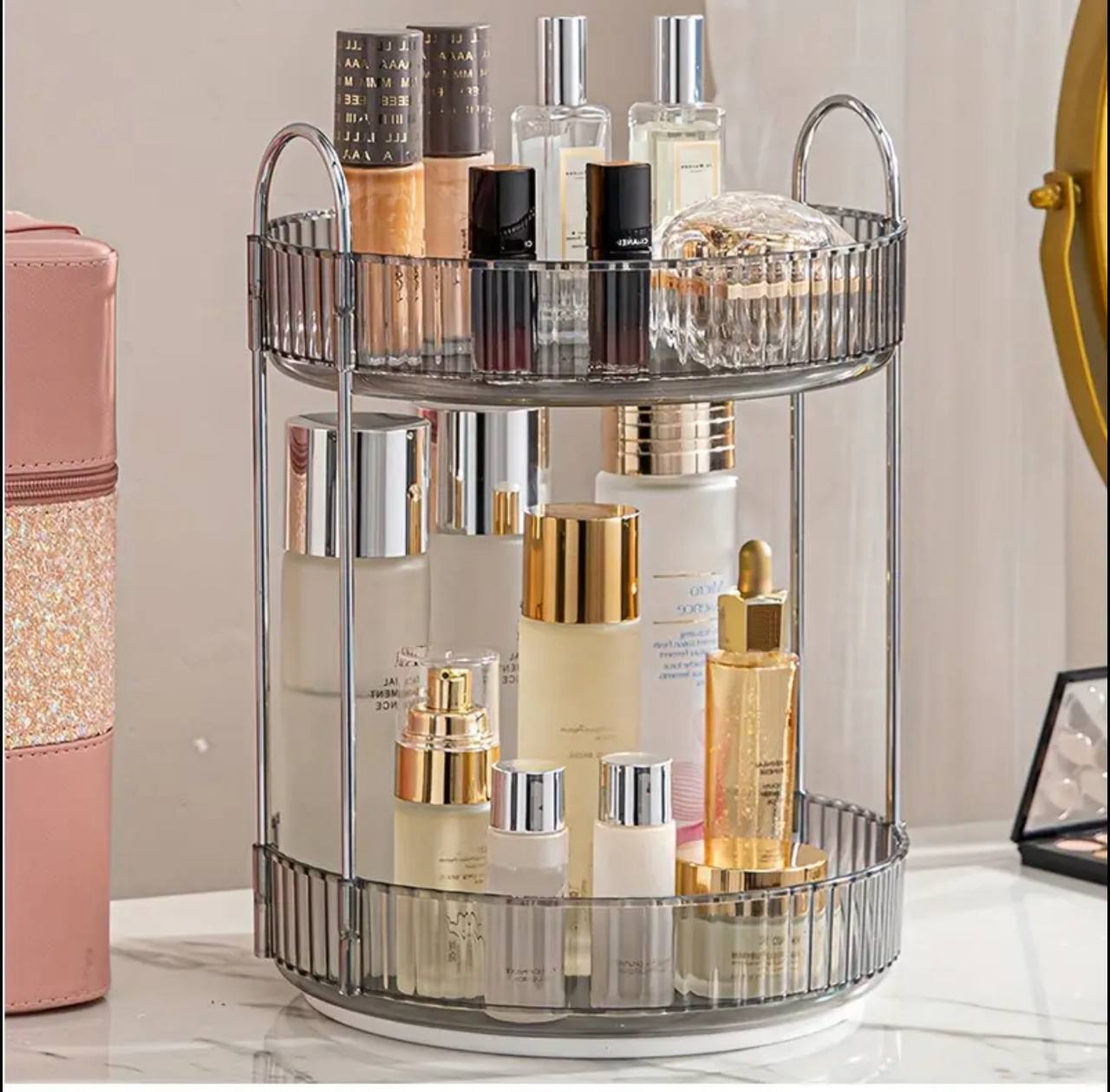 360 DEGREE 2 TIER ROTATING MULTIFUNCTIONAL TRANSPARENT MAKEUP/COSMETIC ORGANIZER.