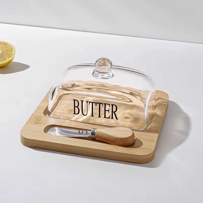 Glass butter dish with bamboo tray