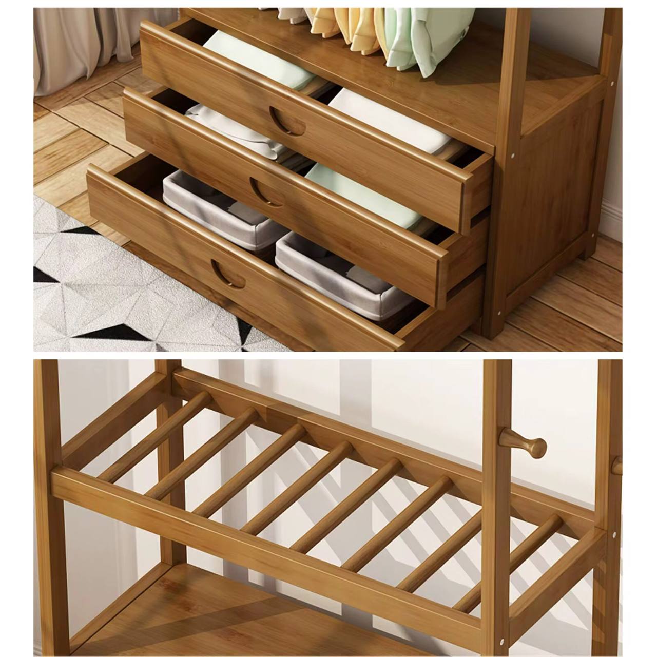 Multiple purposes cloth rack organizer with storage drawers