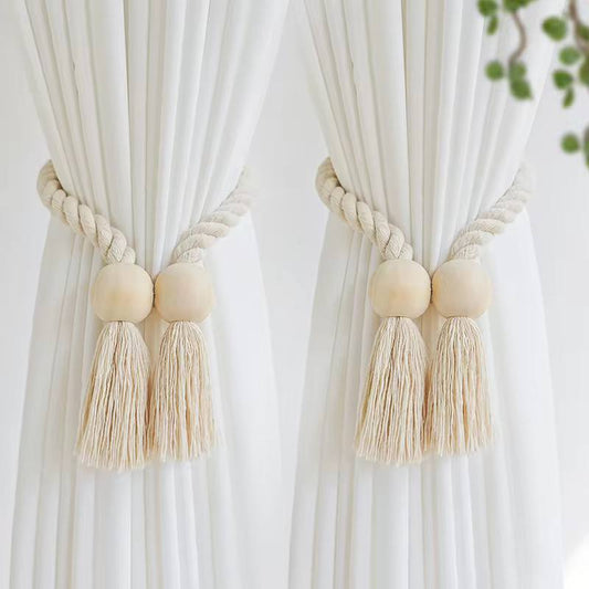 Hand-woven solid wood magnetic knot curtain tiebacks with Boho style