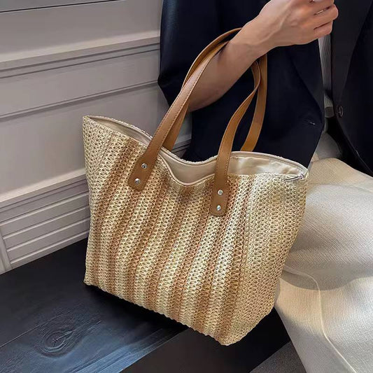 Striped pattern double handle straw bags