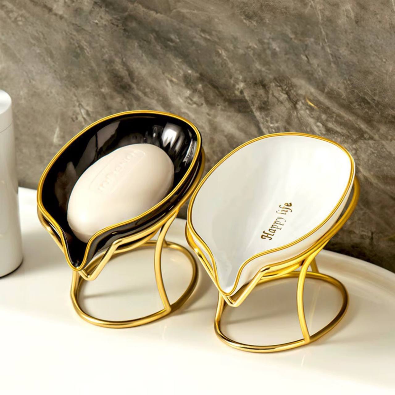Happy life 45 degree slanted self draining soap dish with a golden stand