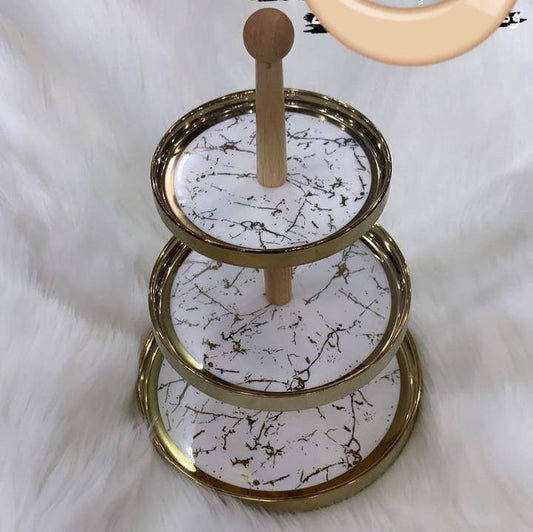 3 layer gold marble cake stand with bamboo