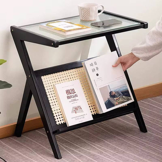 Modern Boho/Japanese pure solid bamboo side table with Glass top.