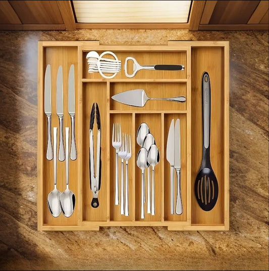 Multifunctional Big bamboo Expandable wooden cutlery drawer organizer