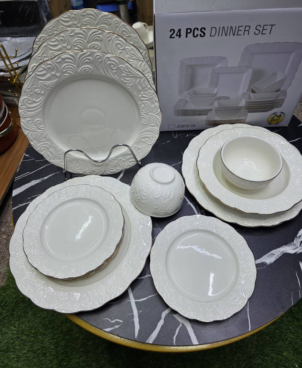 24pcs White Porcelain Embossed Ceramic dinner set with Gold rim.