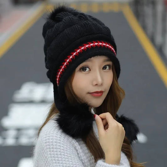 Women's Fleece-Lined and Thickened KnitPullover Hat Outdoor Windproof Warm Style Headwear