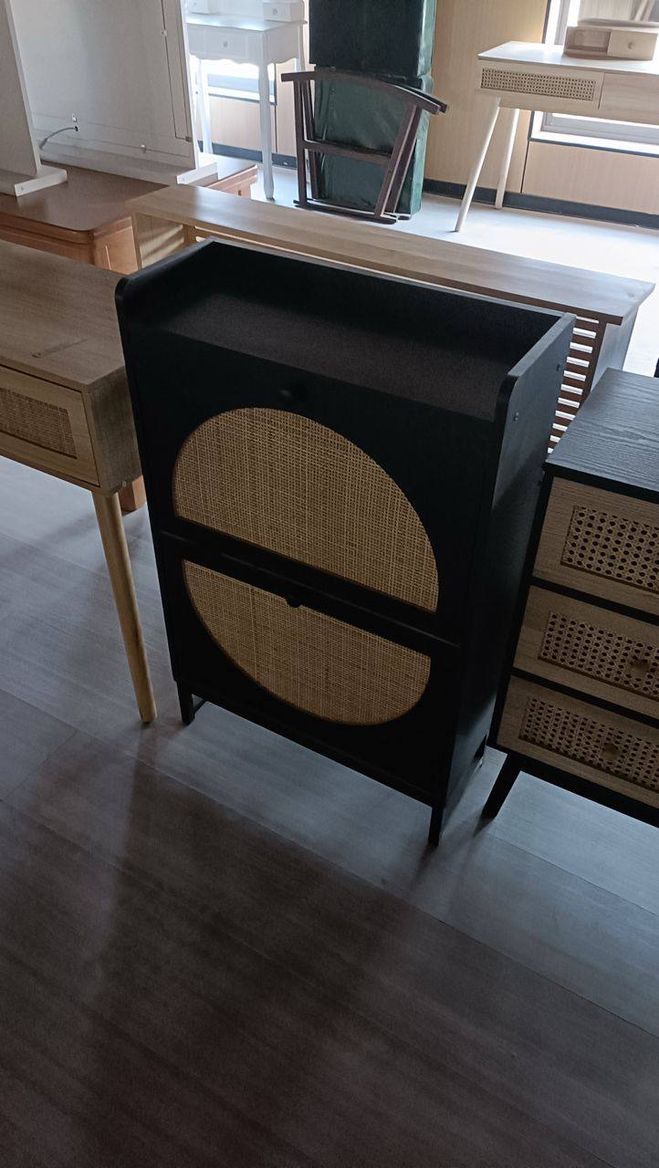 Premium Quality Rattan Wooden Black Bucket Flip Shoe Cabinet