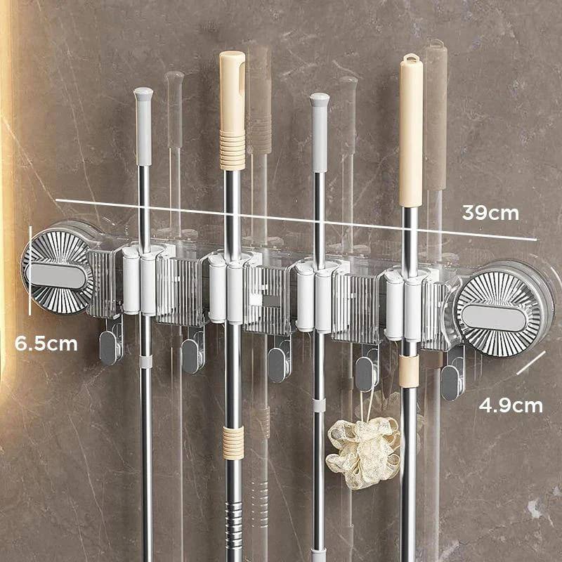 4-Holes Multi-Purpose Hooks Mop Hanger / Rack with  Hanging Hooks & Self adhesive Stickers