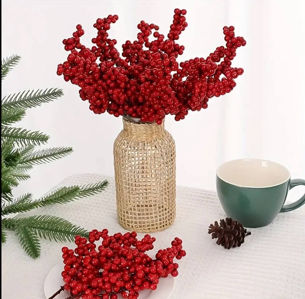 10pc set Christmas Artificial Red Berry Branch DIY Wreath Berry Stem Flowers Gift Xmas Tree Ornaments Home Party Decor Flowers