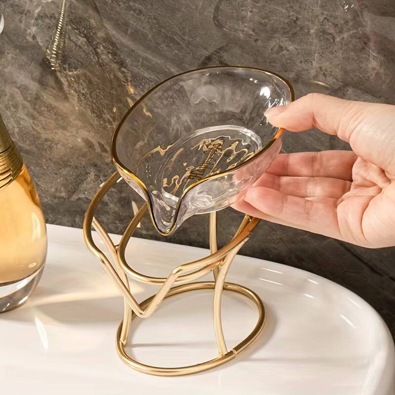 Happy life 45 degree slanted self draining soap dish with a golden stand