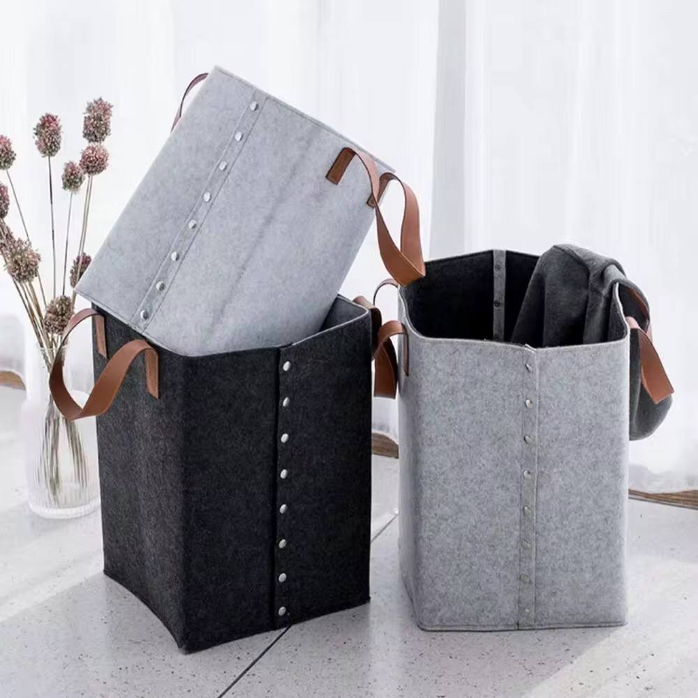 Foldable laundry basket with leather handles