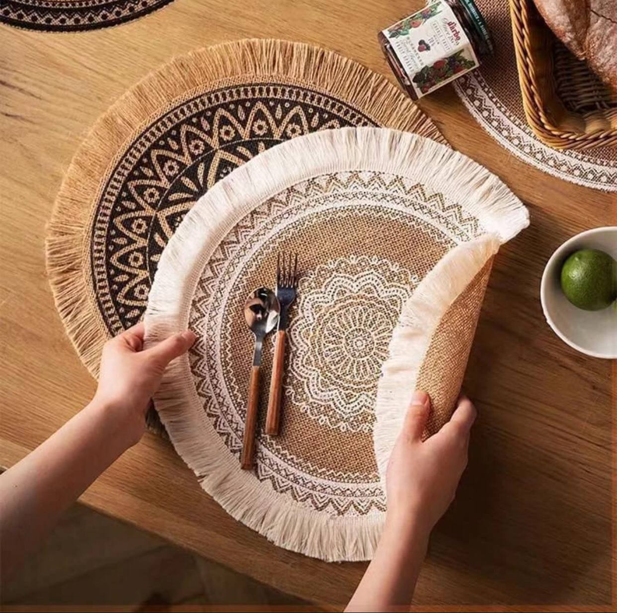 Boho Round Placemat 15 Inch Farmhouse Woven Jute Fringe
