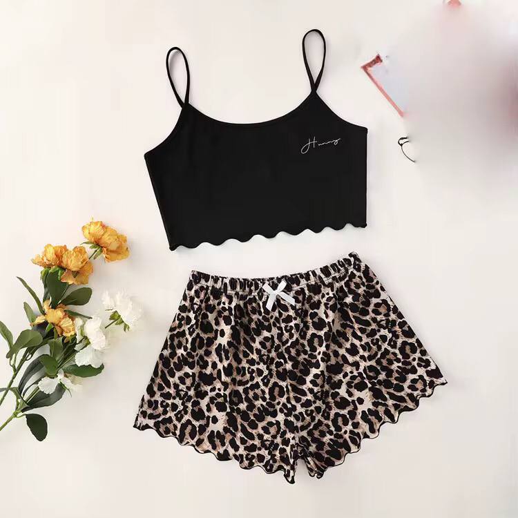 Leopard Print Sling Sleepwear Women's Pajamas Set Sexy Lingerie V-Neck Sleeveless Top and Shorts Sets Pyjamas Homewear