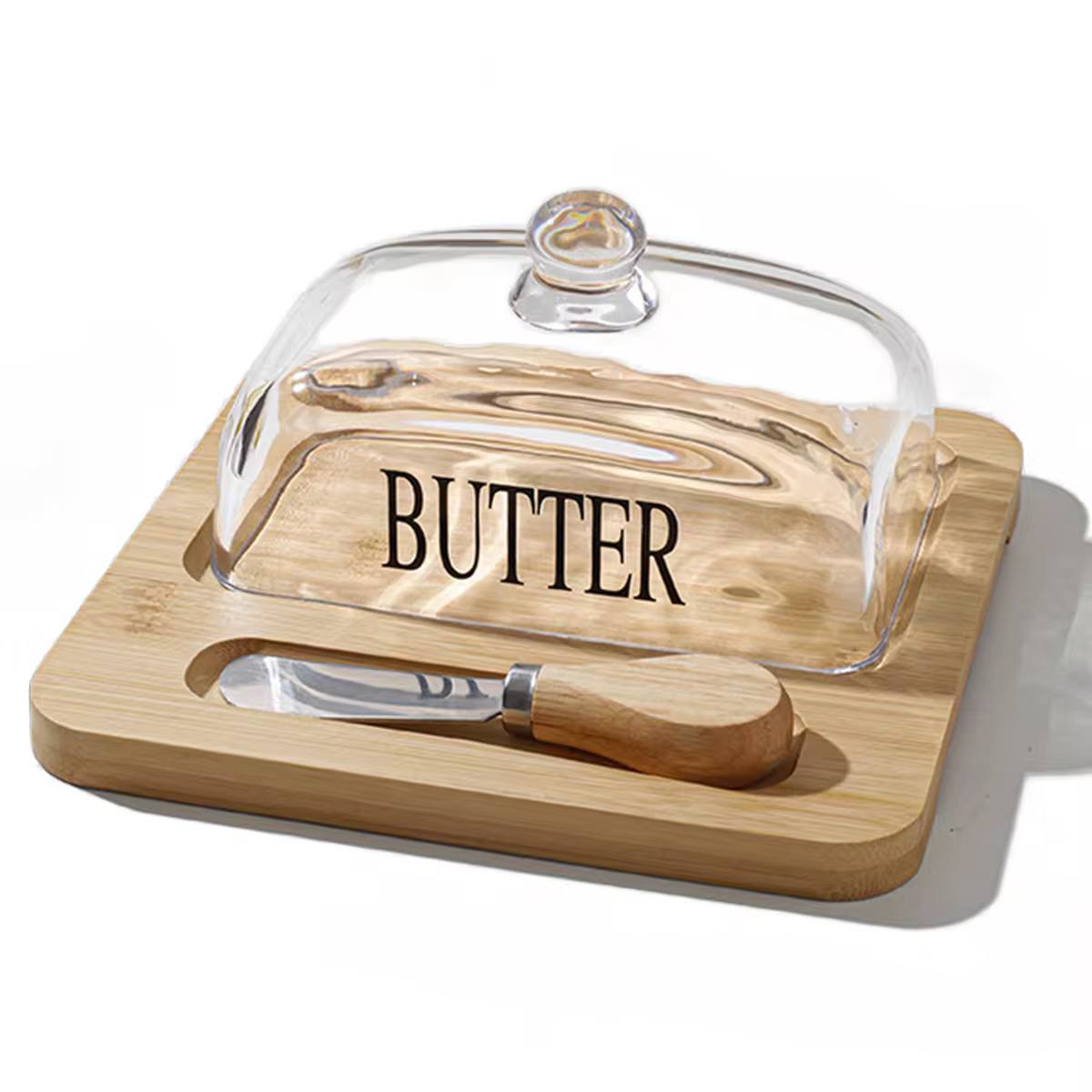 Glass butter dish with bamboo tray