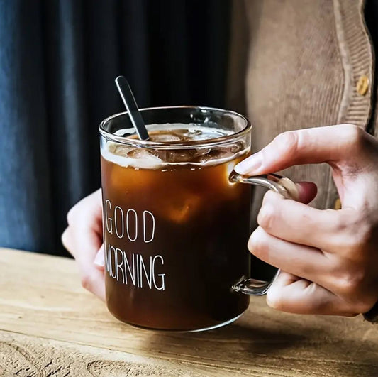 Borosilicate Good Morning Printed Glass Mug with Handle