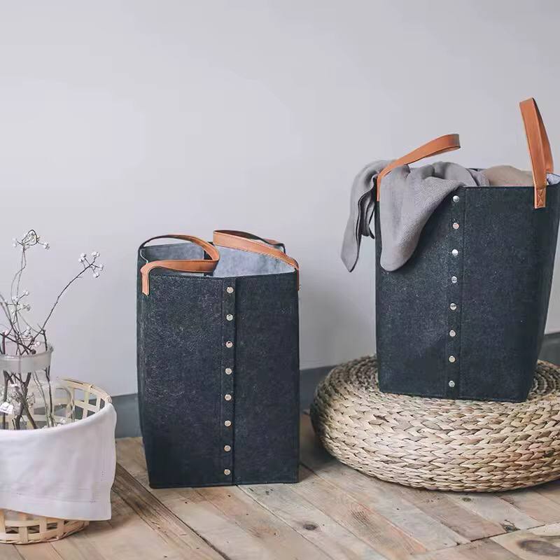 Foldable laundry basket with leather handles