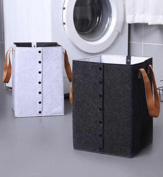 Foldable laundry basket with leather handles