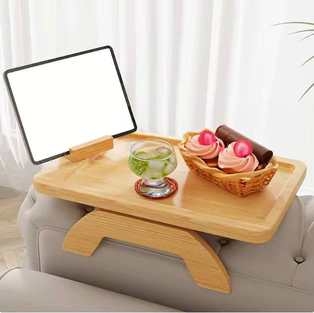 Foldable wooden sofa armrest tray clip on table for couch convenience
