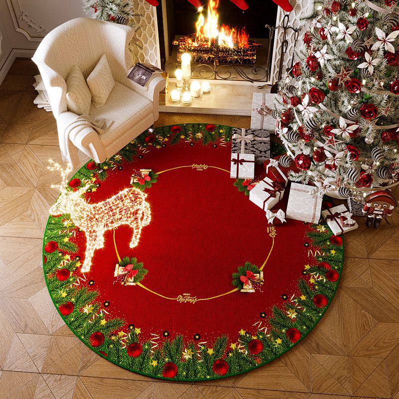 Christmas Circular Carpet Washable Anti Slip Carpet New Year Atmosphere Mat Decoration