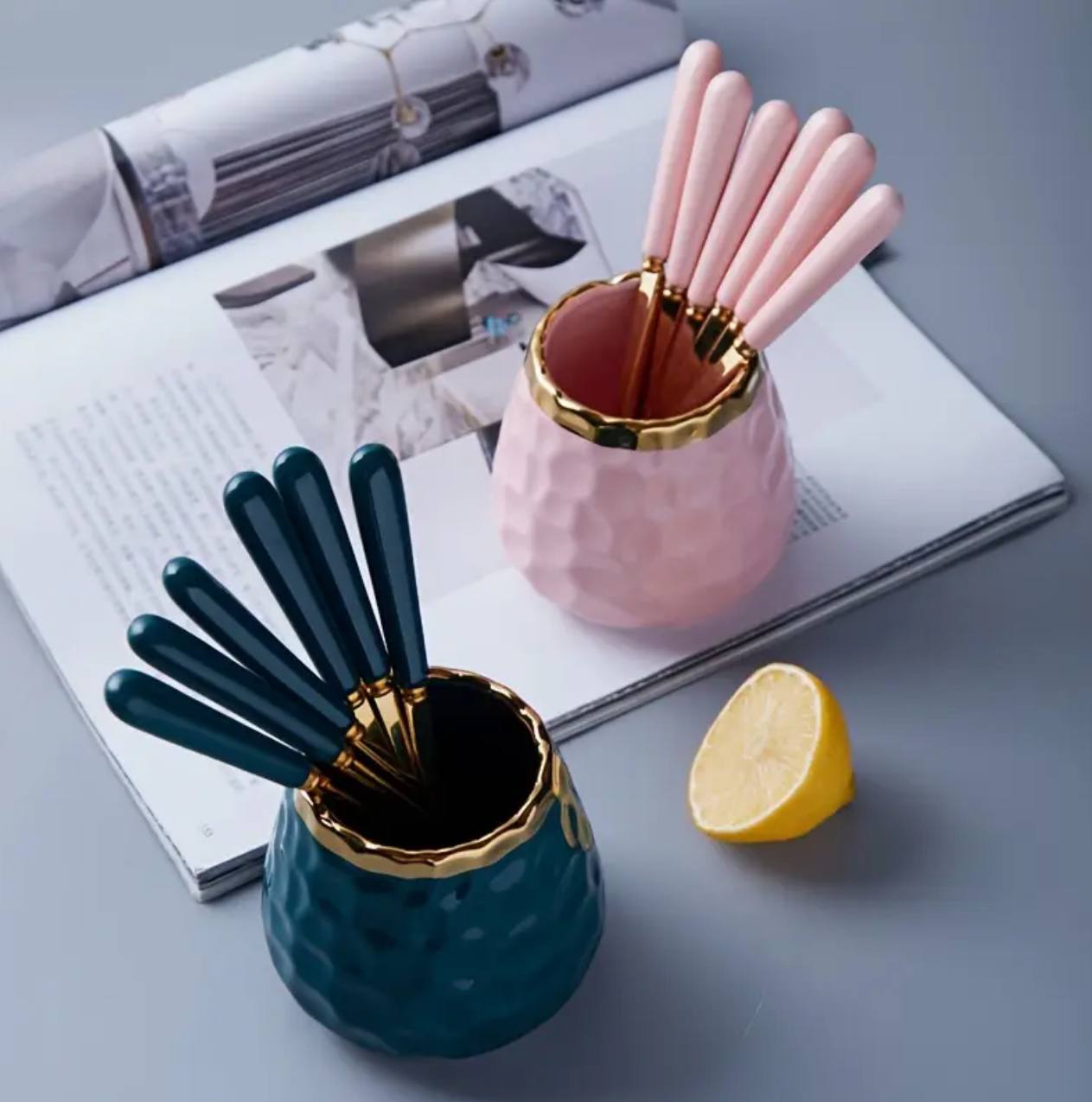 Nordic Light Luxury Fruit Fork and Spoon Ceramic Storage Tank Set