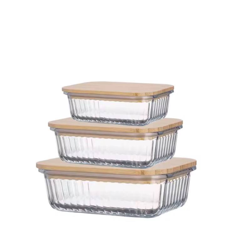 Ribbed Glass food storage containers with bamboo lids