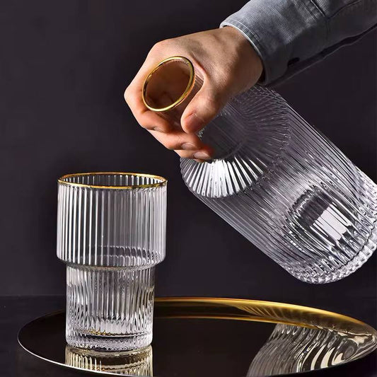 Custom Vertical Decanter with Bamboo lid & 6pcs Highball Glassware with Gold Rim.