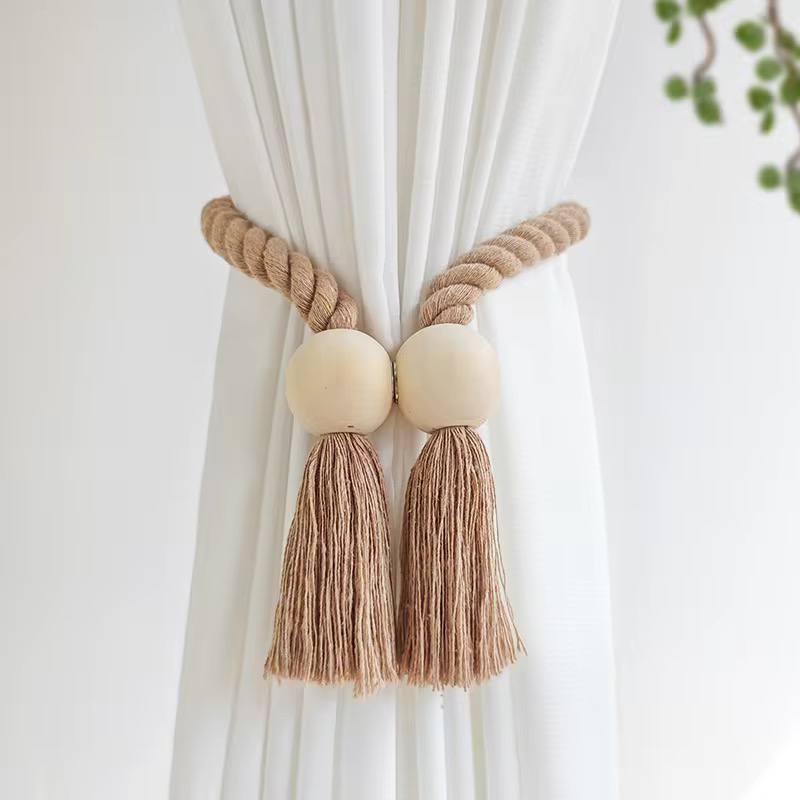 Hand-woven solid wood magnetic knot curtain tiebacks with Boho style