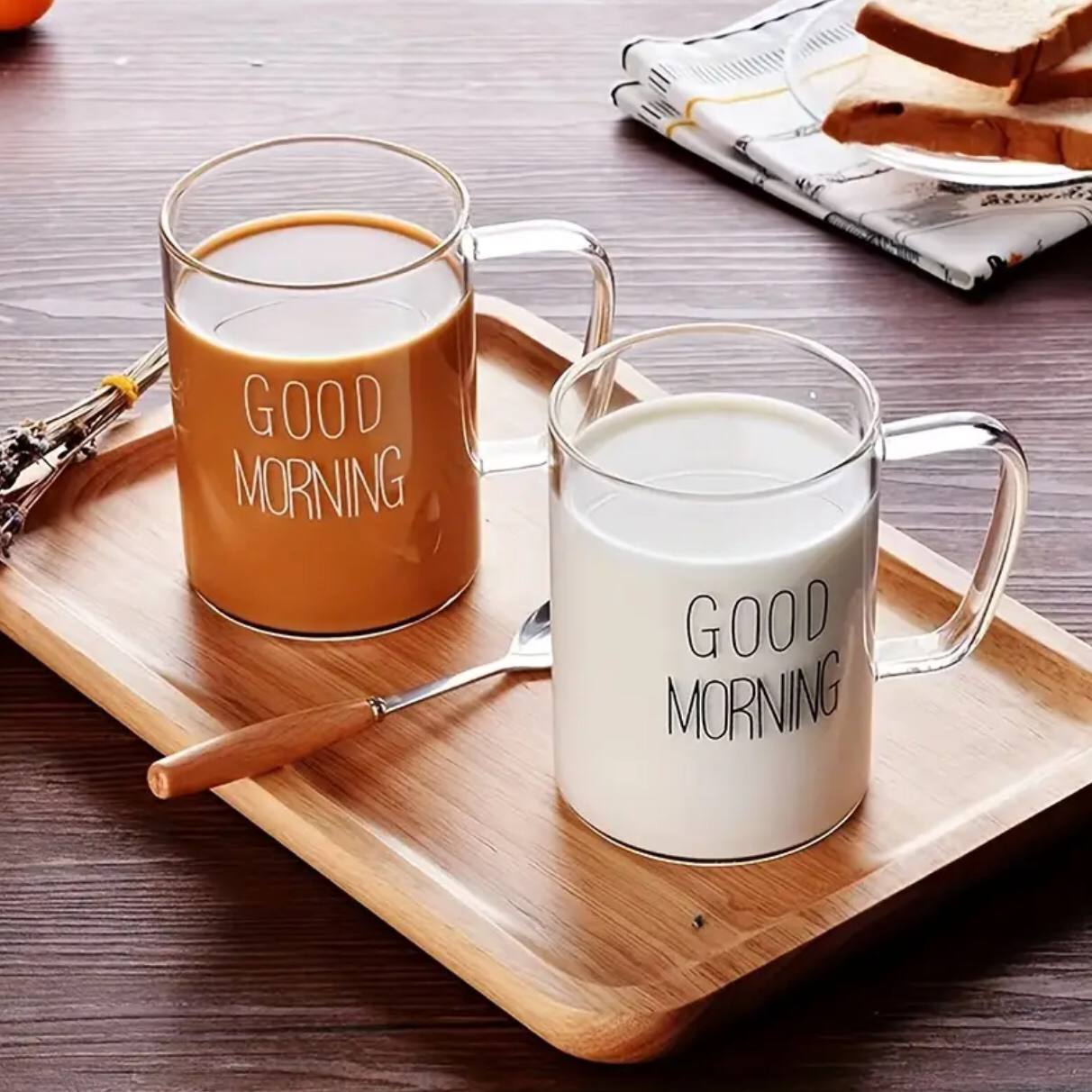 Borosilicate Good Morning Printed Glass Mug with Handle